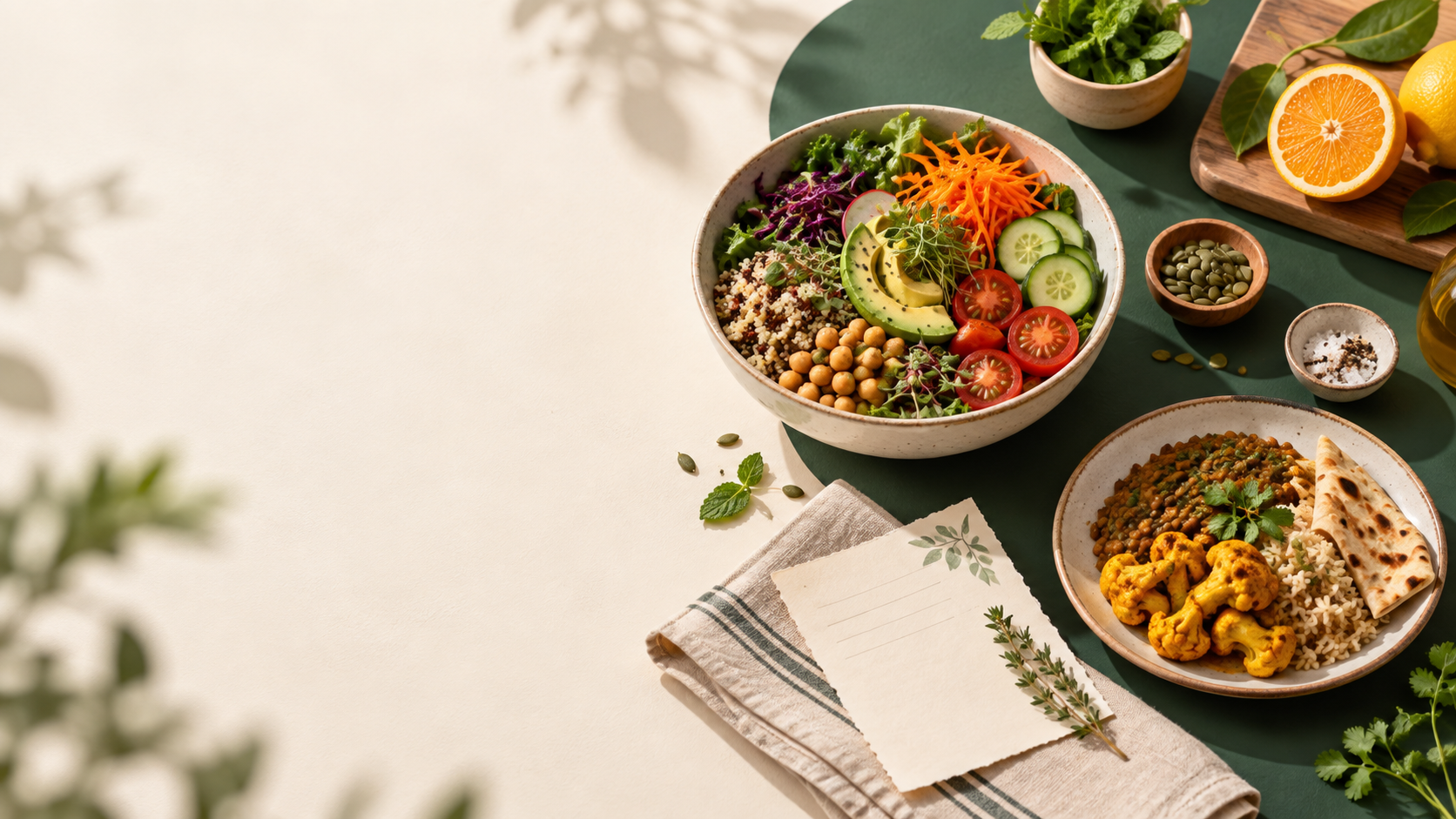 A generic still-life of practical, nourishing meal ideas and planning tools.